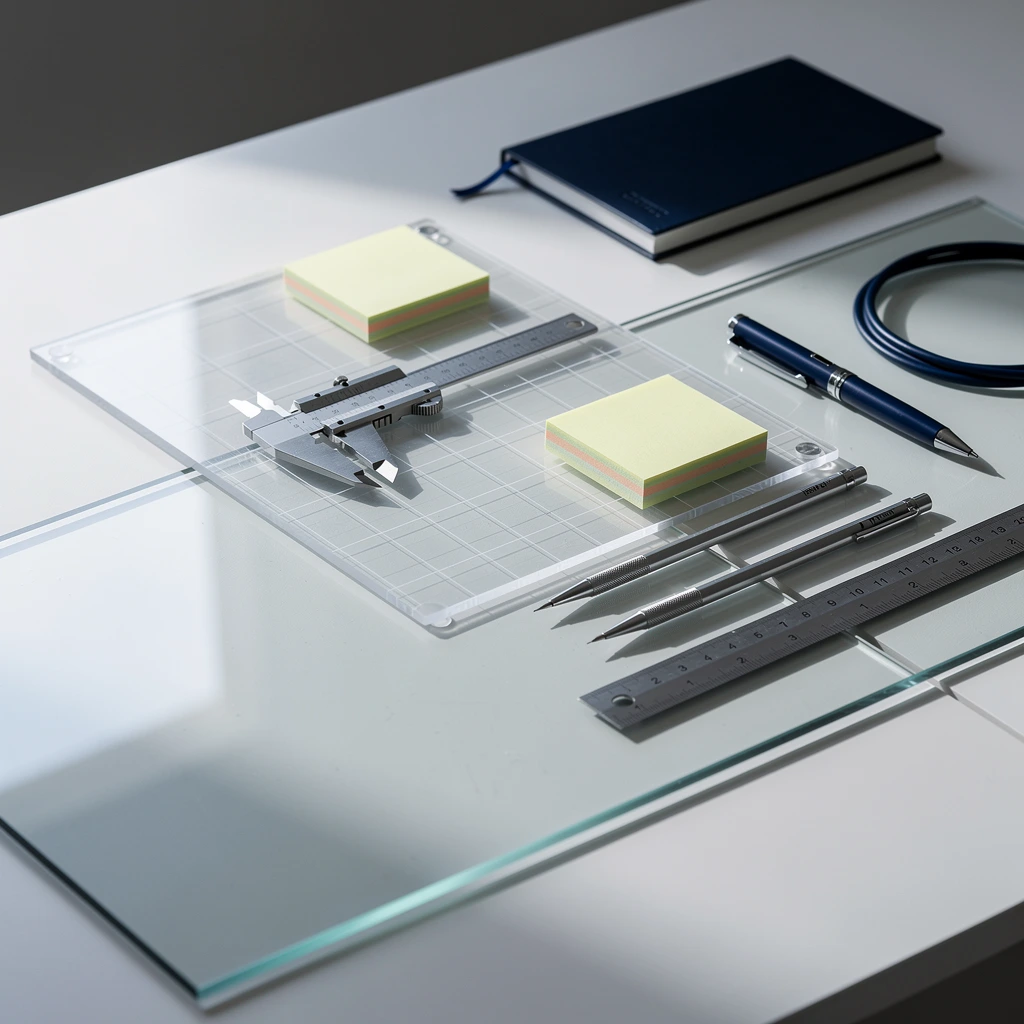 Estudio editorial con maquetas, paneles translúcidos y materiales técnicos que evoca discovery, definición y método antes de ejecutar tecnología con criterio.