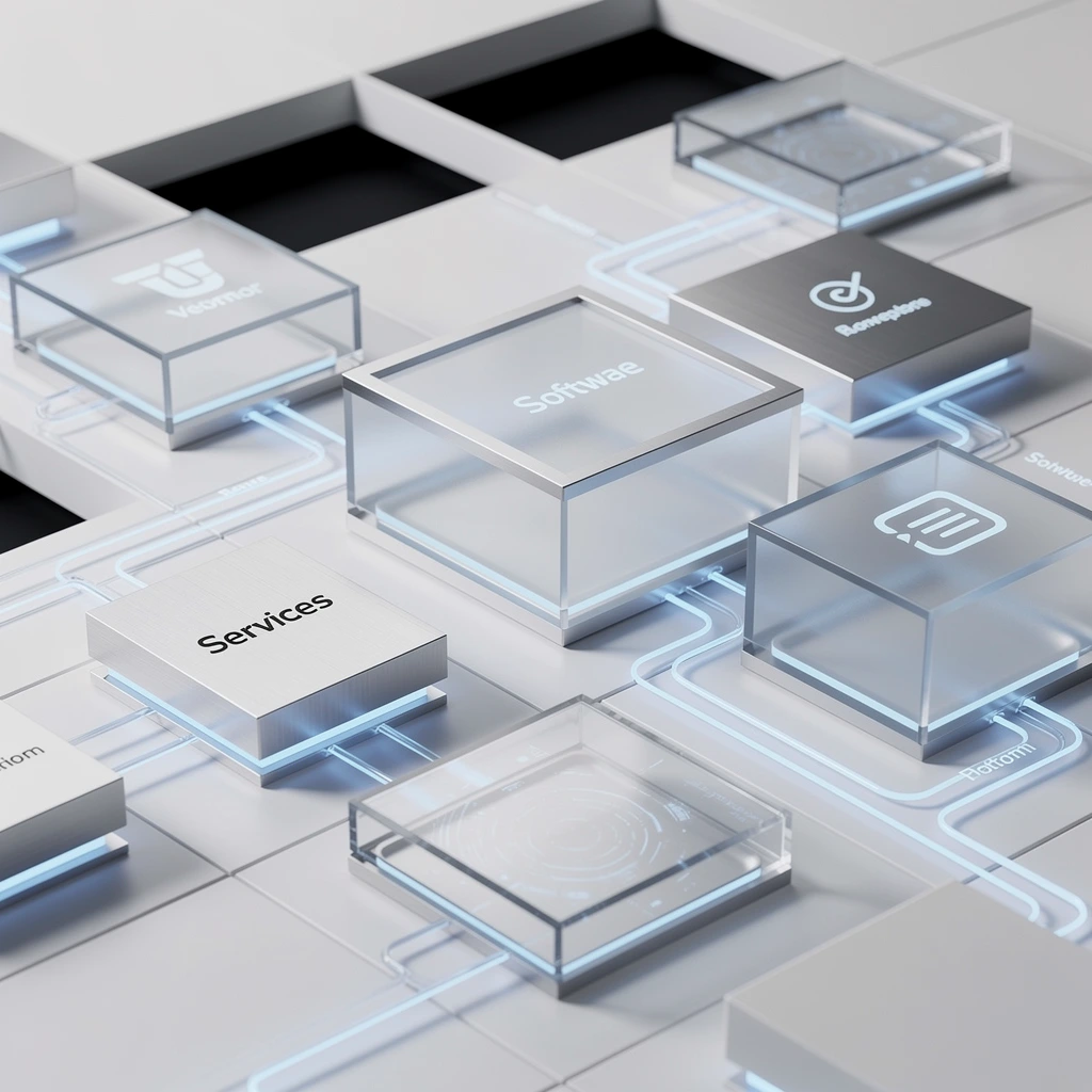 Arquitectura abstracta de bloques modulares de cristal y metal anodizado que representa sistemas, integraciones y automatización con una estética limpia y precisa.